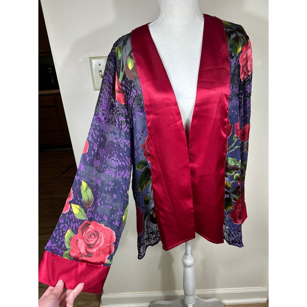 Mirasol Kimono Top Women L Red Rose Purple Silk‎ Blend Velvet Burnout Sheer Open